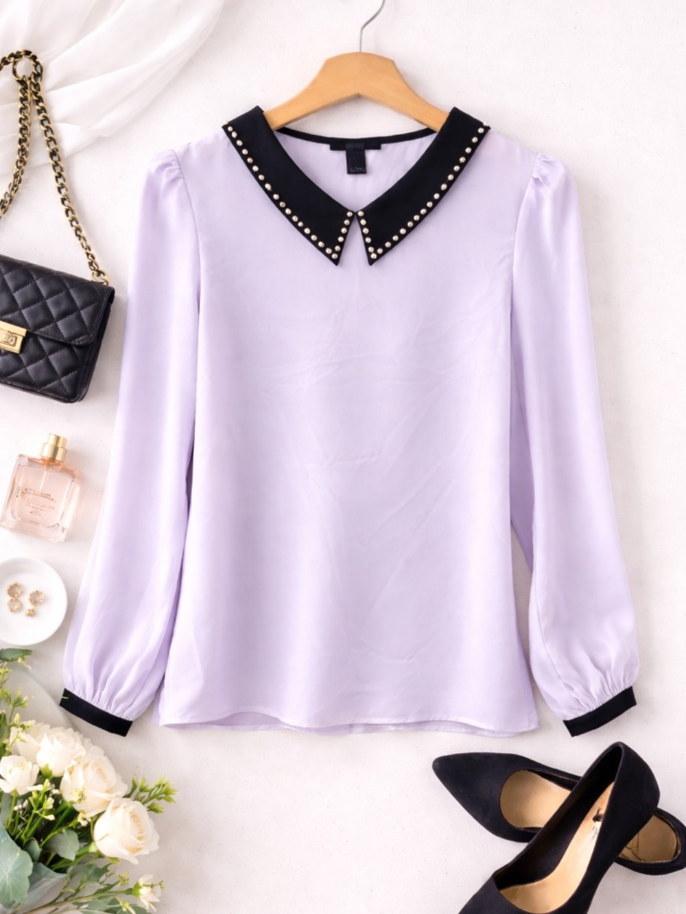Forever 21 pearl collared lilac black long sleeve blouse size small EUC